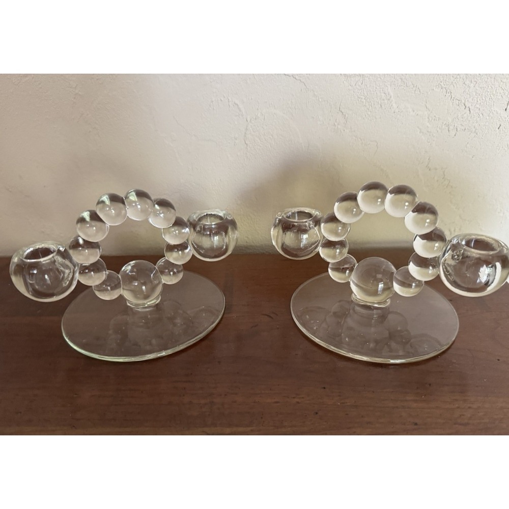Bubble Glass Candle Holders Set of 2 Clear Pressed Glass‎ MCM Style